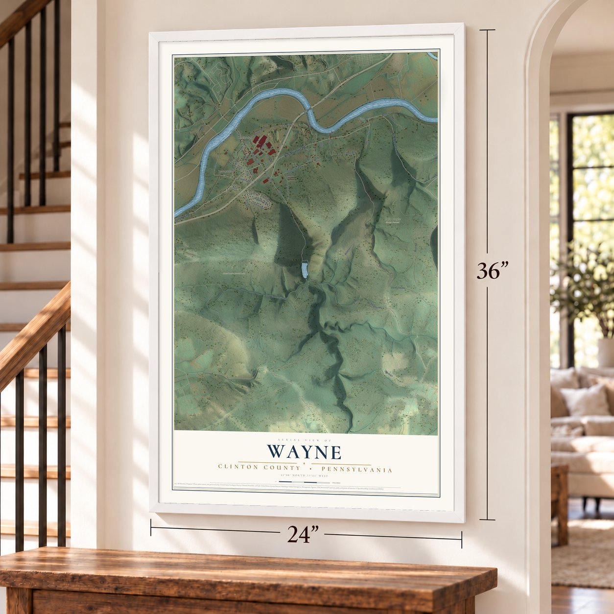Wayne, Clinton County, Pennsylvania map, 24 x 36 inch print in a white frame by a staircase