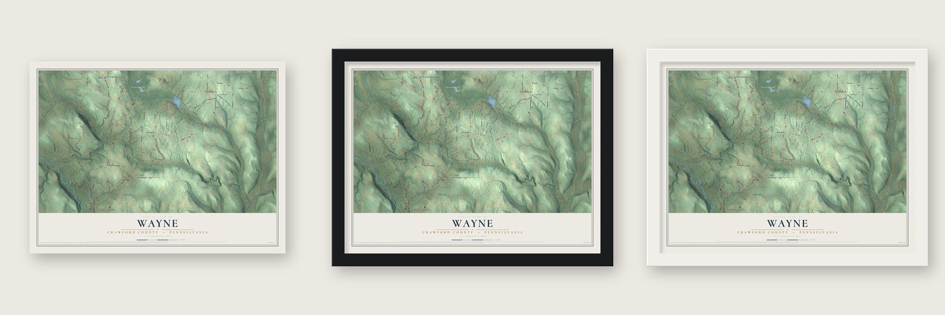 Wayne, Crawford County, Pennsylvania map unframed, in a black wood frame and in a white wood frame