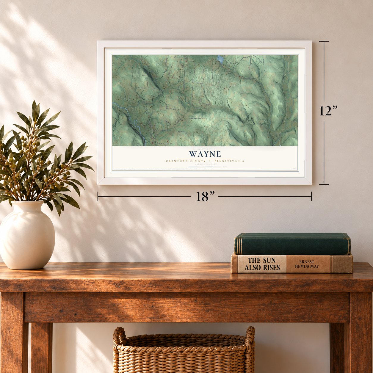 Wayne, Crawford County, Pennsylvania map, 12 x 18 inch print in a white frame in an entryway