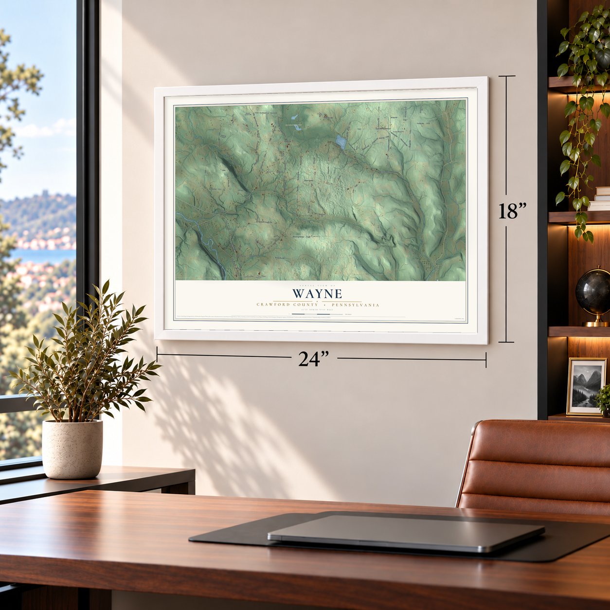 Wayne, Crawford County, Pennsylvania map, 18 x 24 inch print in a white frame in a home office
