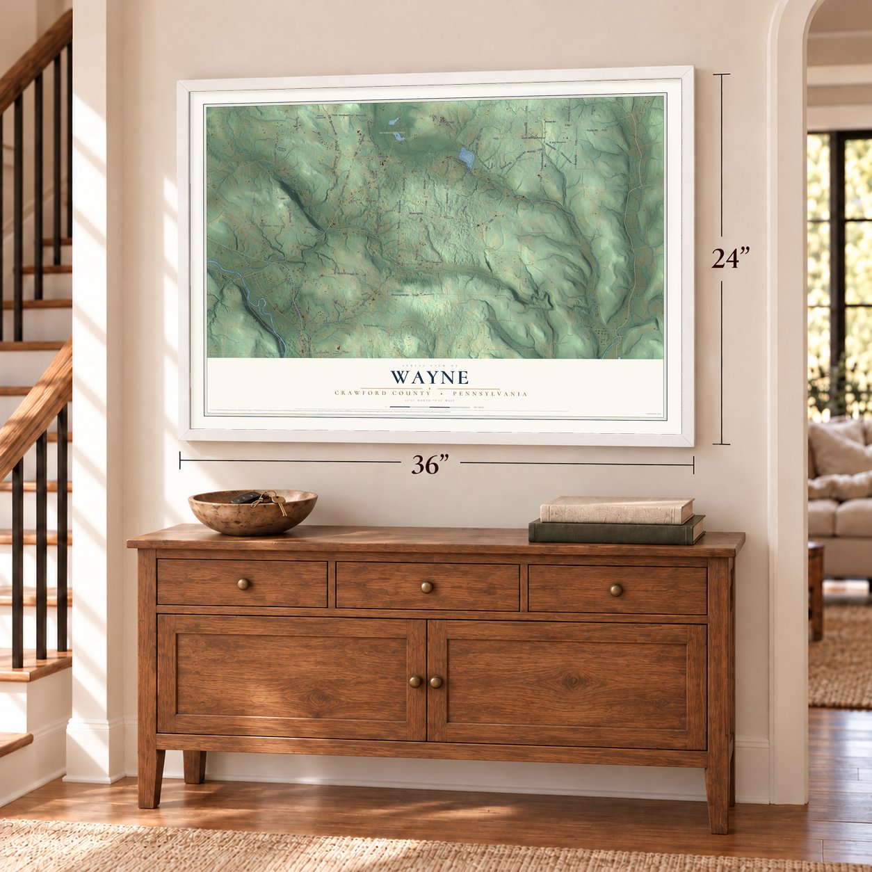 Wayne, Crawford County, Pennsylvania map, 24 x 36 inch print in a white frame above a dresser by a staircase