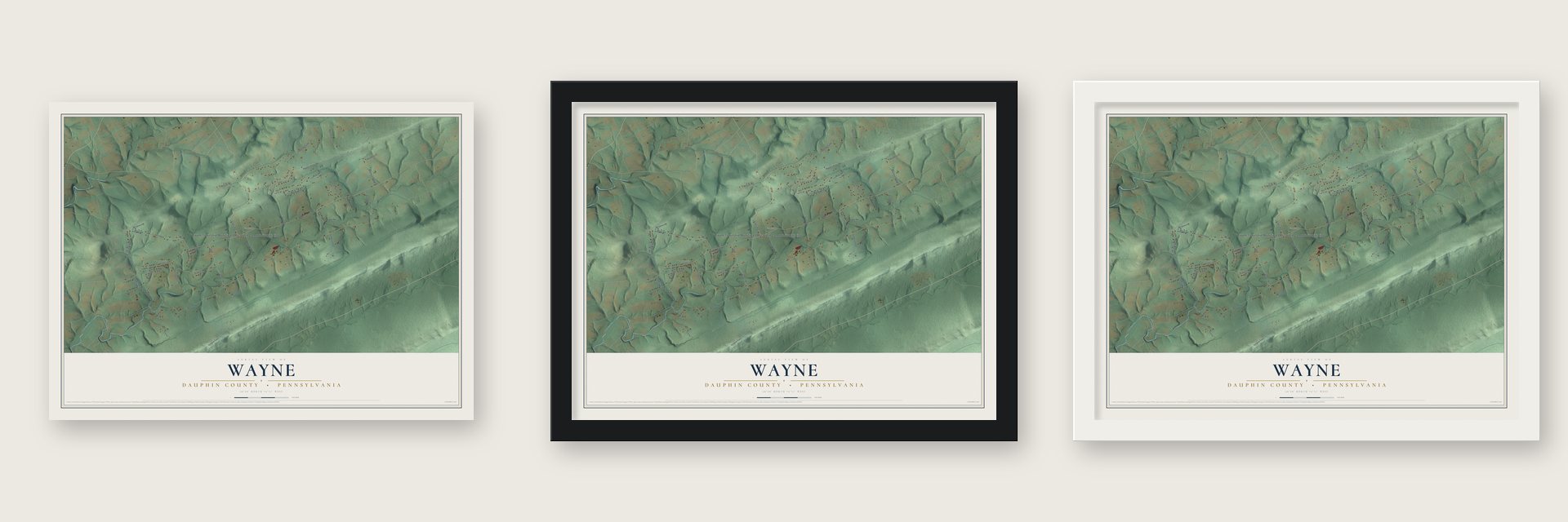 Wayne, Dauphin County, Pennsylvania map unframed, in a black wood frame and in a white wood frame