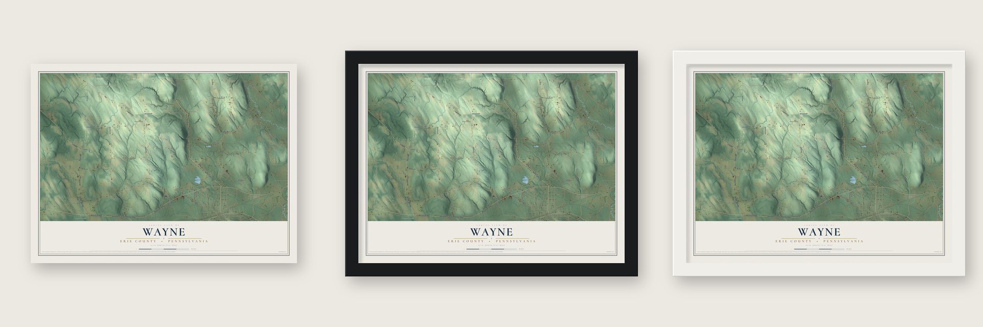 Wayne, Erie County, Pennsylvania map unframed, in a black wood frame and in a white wood frame