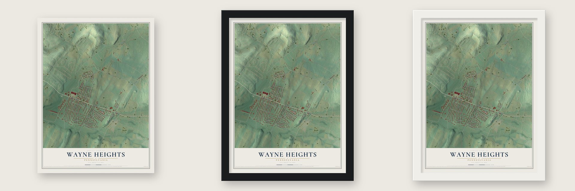 Wayne Heights, Pennsylvania map unframed, in a black wood frame and in a white wood frame