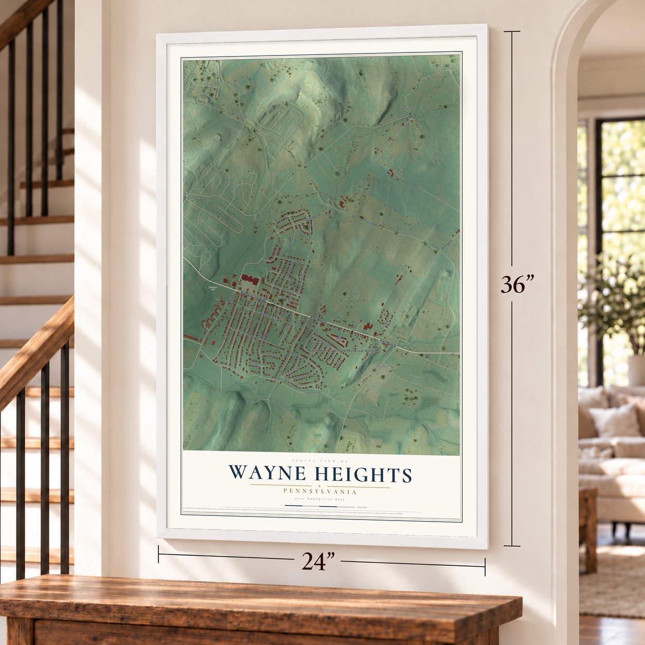 Wayne Heights, Pennsylvania map, 24 x 36 inch print in a white frame by a staircase