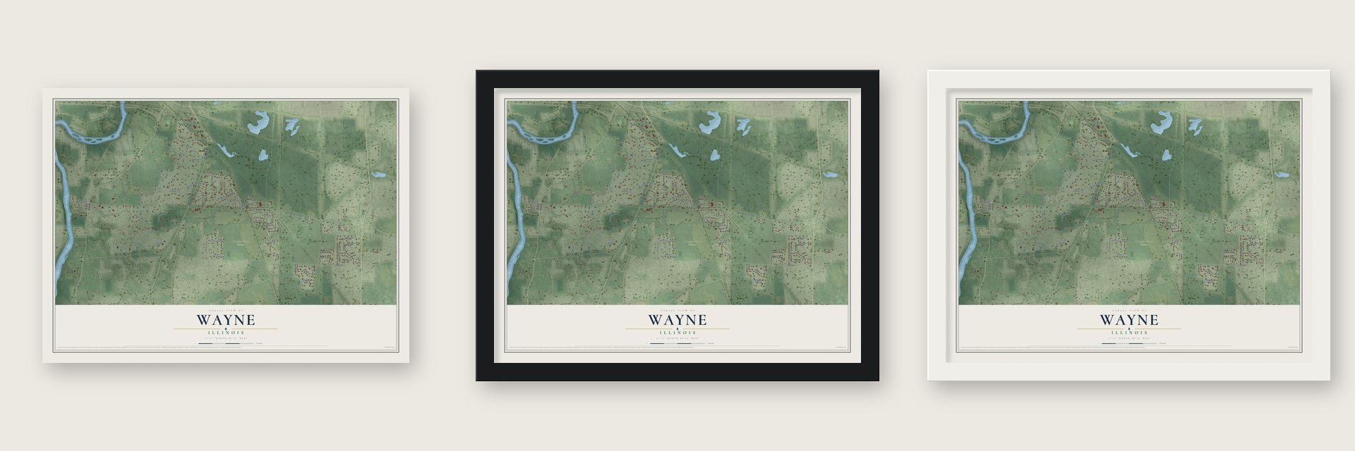 Wayne, Illinois map unframed, in a black wood frame and in a white wood frame