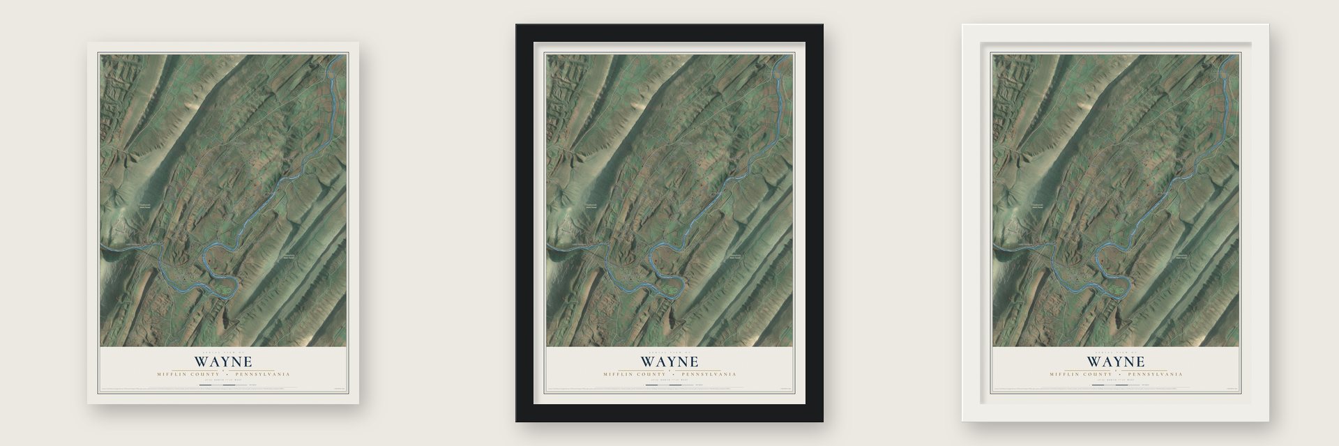 Wayne, Mifflin County, Pennsylvania map unframed, in a black wood frame and in a white wood frame