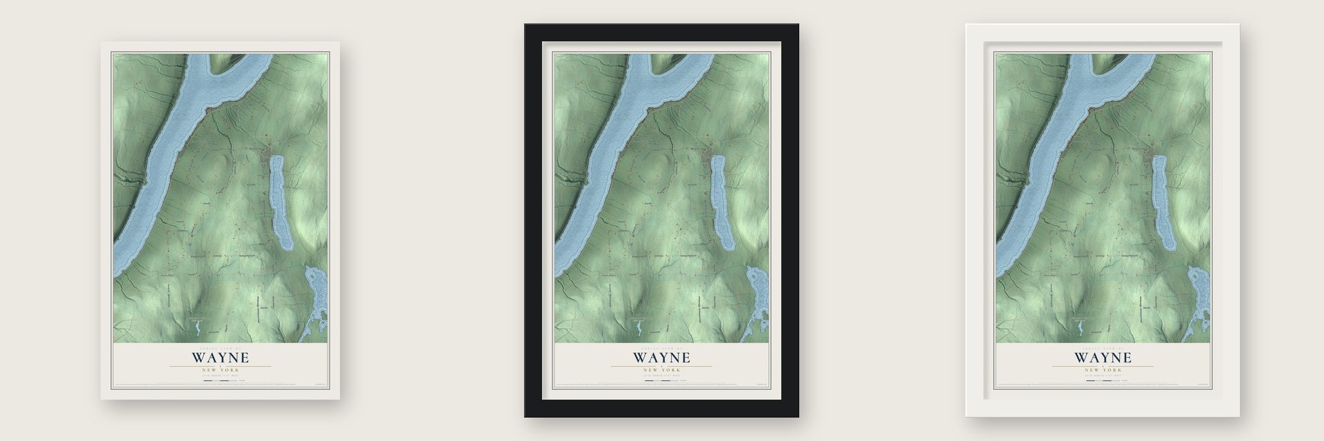 Wayne, New York map unframed, in a black wood frame and in a white wood frame