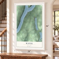 Wayne, New York map, 24 x 36 inch print in a white frame by a staircase