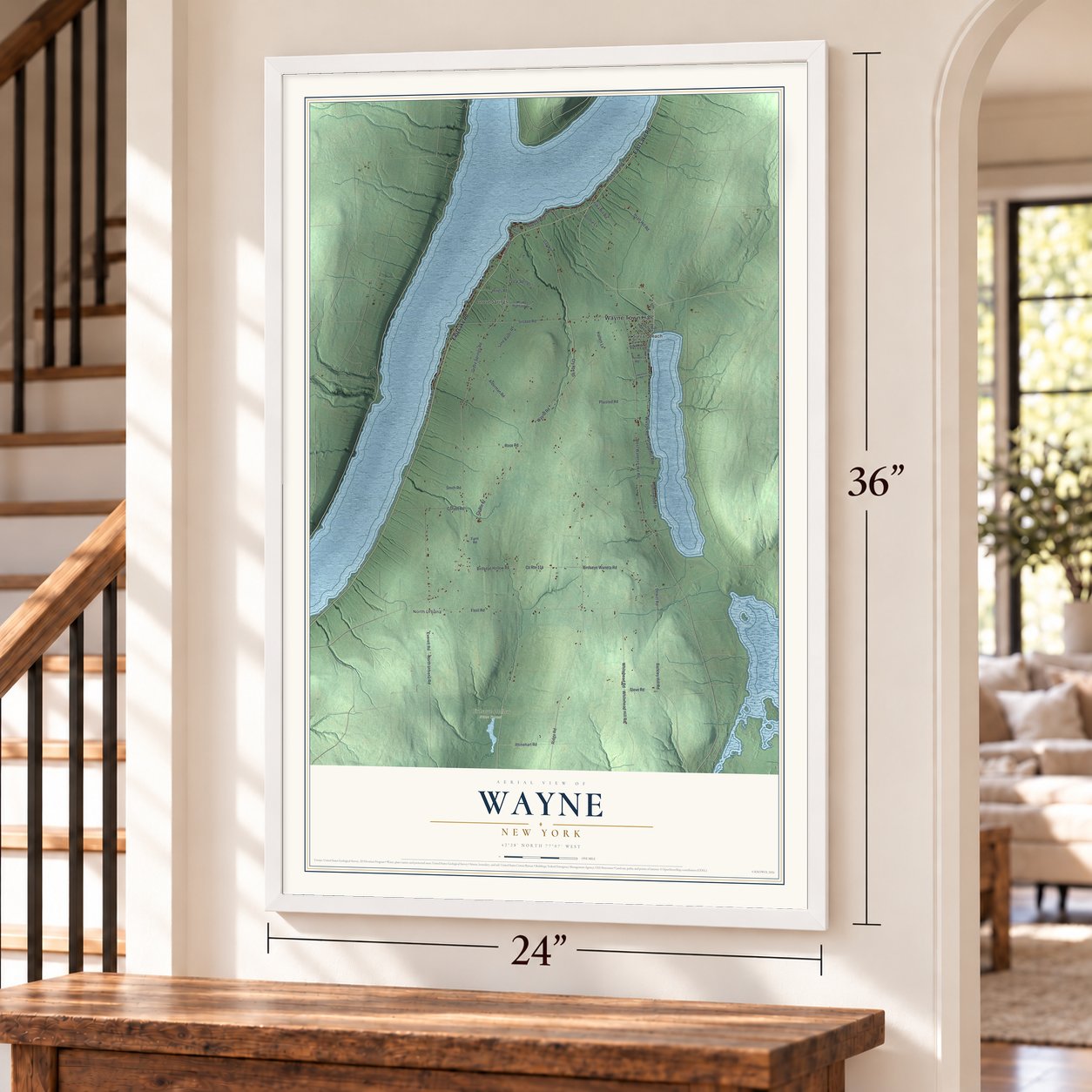 Wayne, New York map, 24 x 36 inch print in a white frame by a staircase