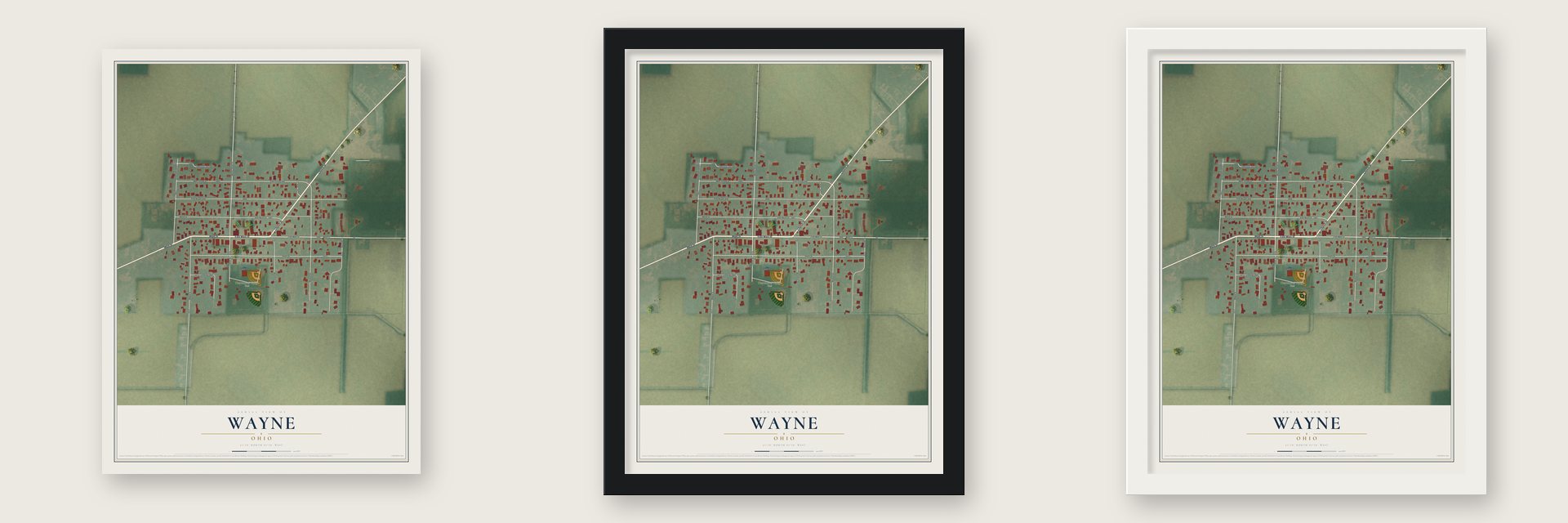 Wayne, Ohio map unframed, in a black wood frame and in a white wood frame