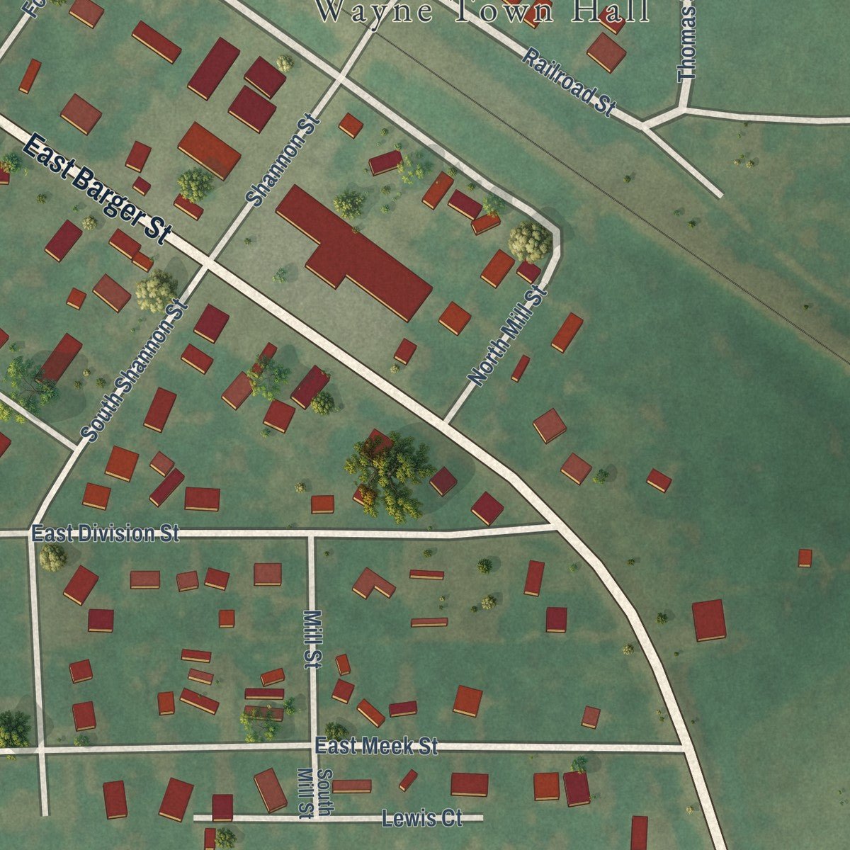 Second close-up of the map of Wayne, Oklahoma print showing more streets and buildings