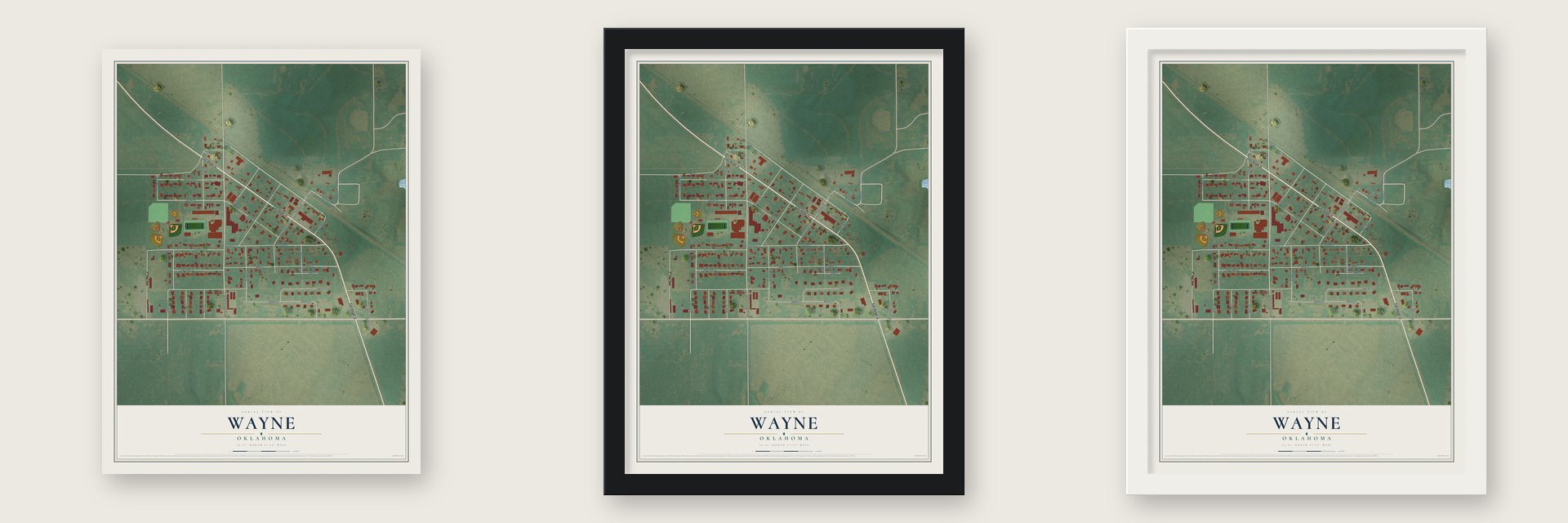 Wayne, Oklahoma map unframed, in a black wood frame and in a white wood frame