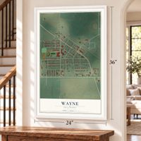Wayne, Oklahoma map, 24 x 36 inch print in a white frame by a staircase