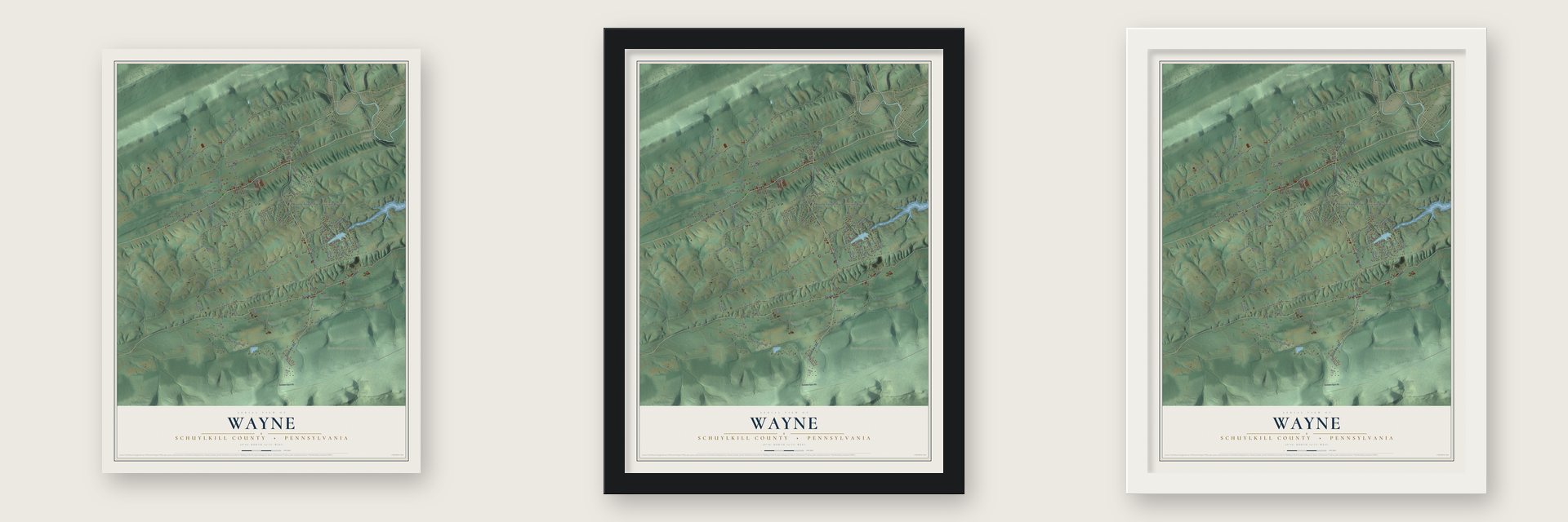 Wayne, Schuylkill County, Pennsylvania map unframed, in a black wood frame and in a white wood frame
