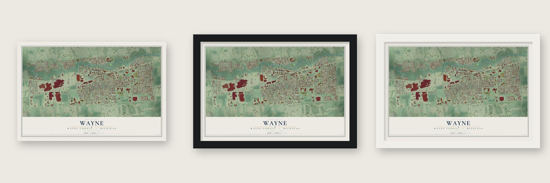 Wayne, Wayne County, Michigan map unframed, in a black wood frame and in a white wood frame