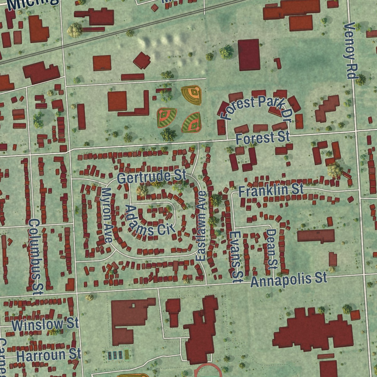 Second close-up of the map of Wayne, Wayne County, Michigan print showing more streets and buildings
