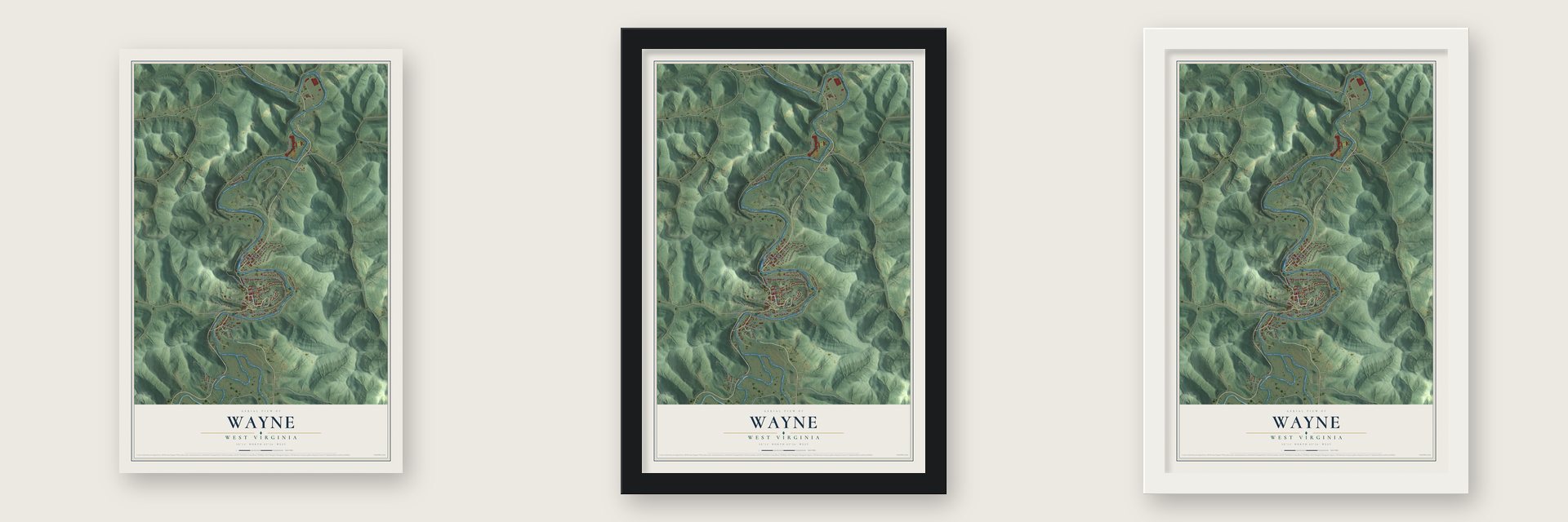 Wayne, West Virginia map unframed, in a black wood frame and in a white wood frame