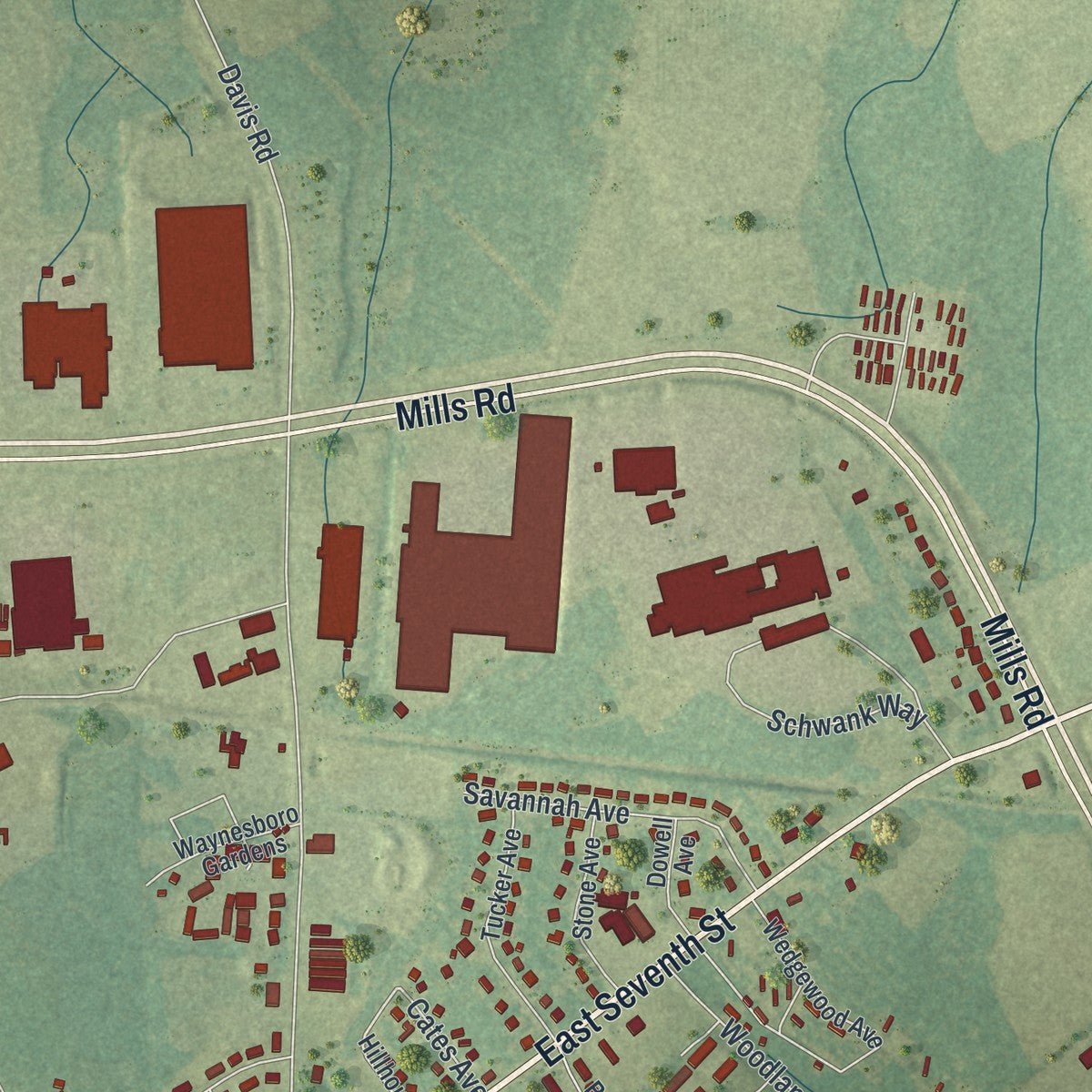 Second close-up of the map of Waynesboro, Georgia print showing more streets and buildings