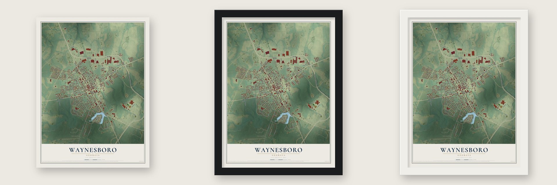 Waynesboro, Georgia map unframed, in a black wood frame and in a white wood frame