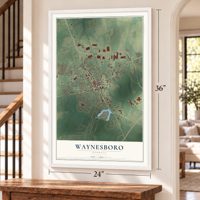 Waynesboro, Georgia map, 24 x 36 inch print in a white frame by a staircase