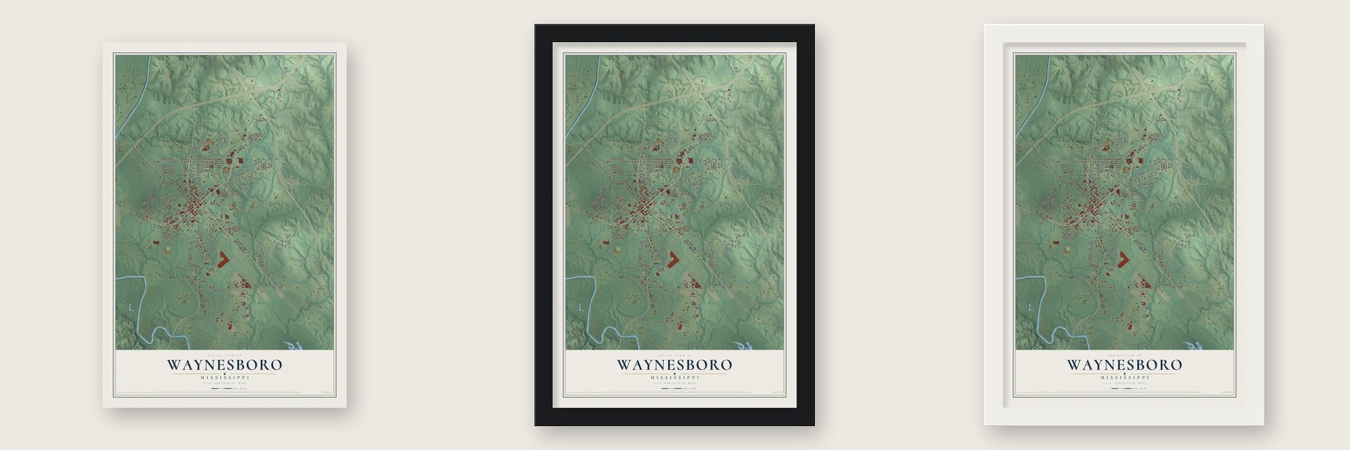 Waynesboro, Mississippi map unframed, in a black wood frame and in a white wood frame
