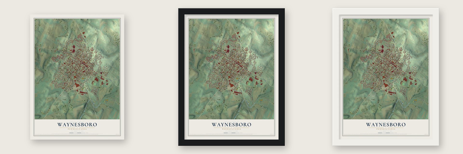 Waynesboro, Pennsylvania map unframed, in a black wood frame and in a white wood frame