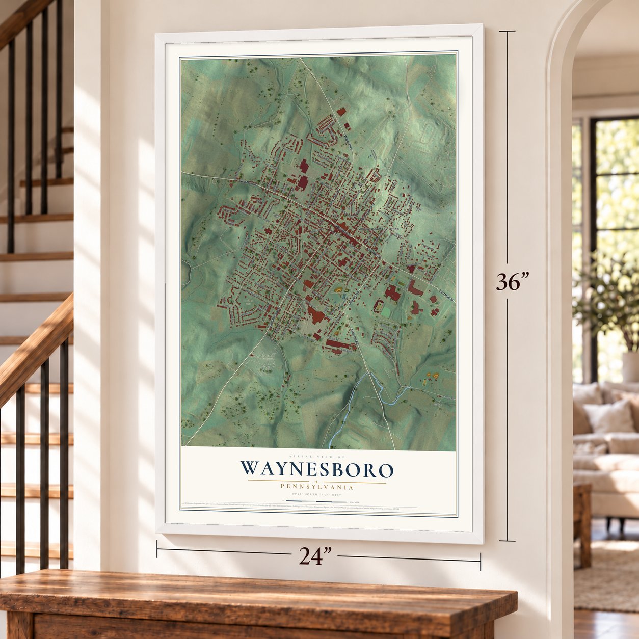 Waynesboro, Pennsylvania map, 24 x 36 inch print in a white frame by a staircase