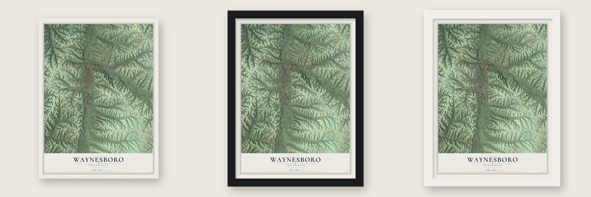 Waynesboro, Tennessee map unframed, in a black wood frame and in a white wood frame