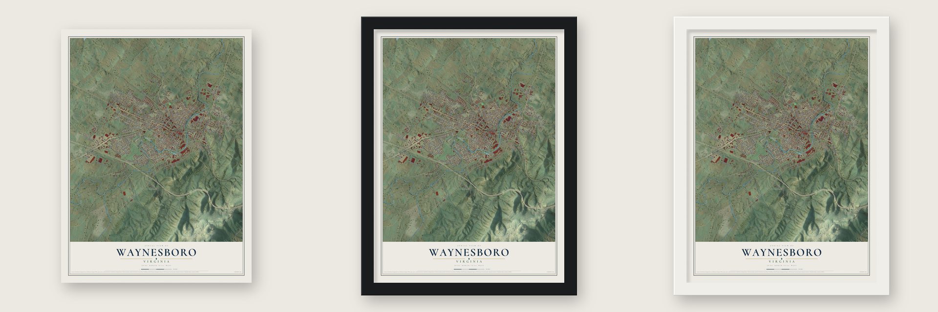 Waynesboro, Virginia map unframed, in a black wood frame and in a white wood frame