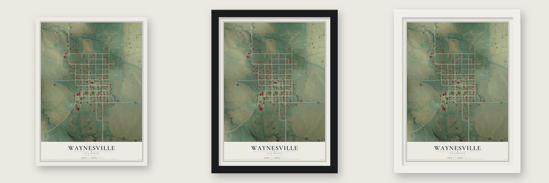 Waynesville, Illinois map unframed, in a black wood frame and in a white wood frame