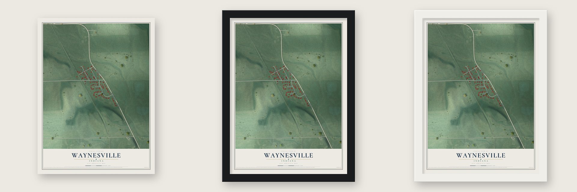 Waynesville, Indiana map unframed, in a black wood frame and in a white wood frame