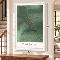 Waynesville, Indiana map, 24 x 36 inch print in a white frame by a staircase