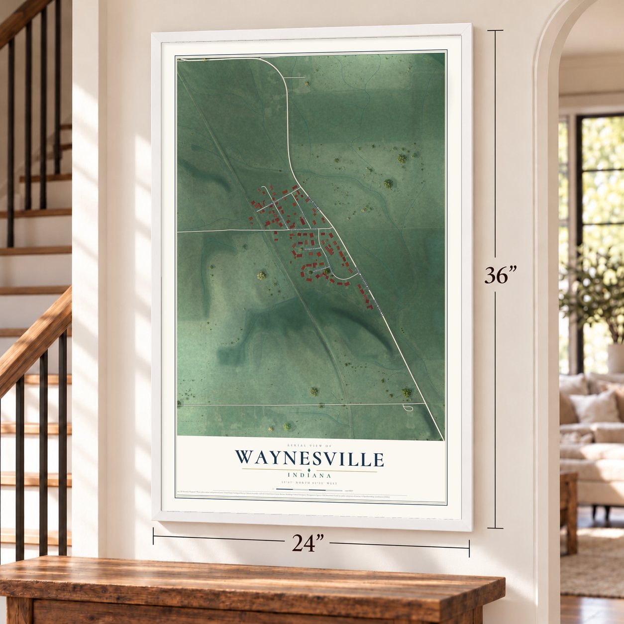 Waynesville, Indiana map, 24 x 36 inch print in a white frame by a staircase