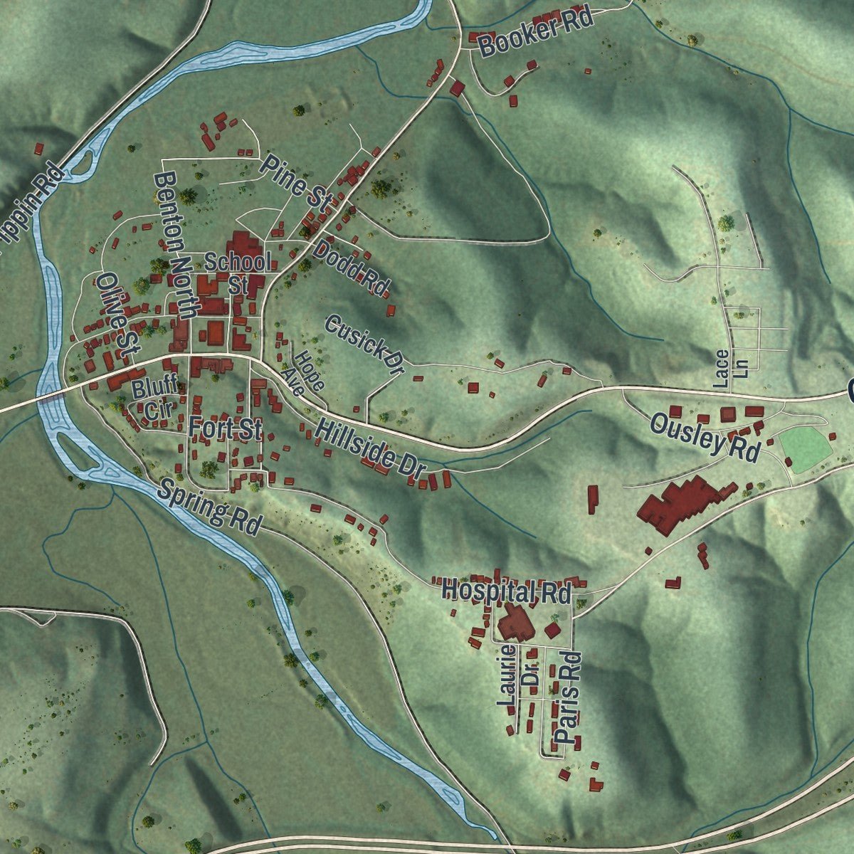 Second close-up of the map of Waynesville, Missouri print showing more streets and buildings