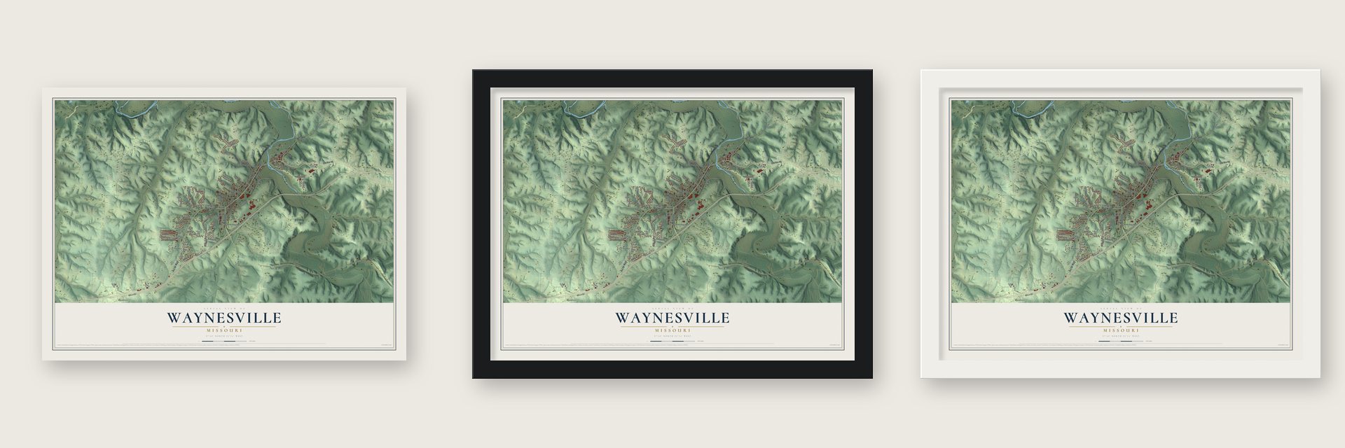 Waynesville, Missouri map unframed, in a black wood frame and in a white wood frame
