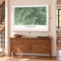 Waynesville, Missouri map, 24 x 36 inch print in a white frame above a dresser by a staircase