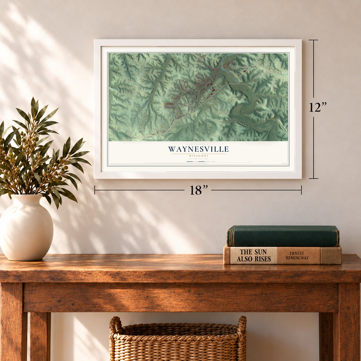 Waynesville, Missouri map, 12 x 18 inch print in a white frame in an entryway