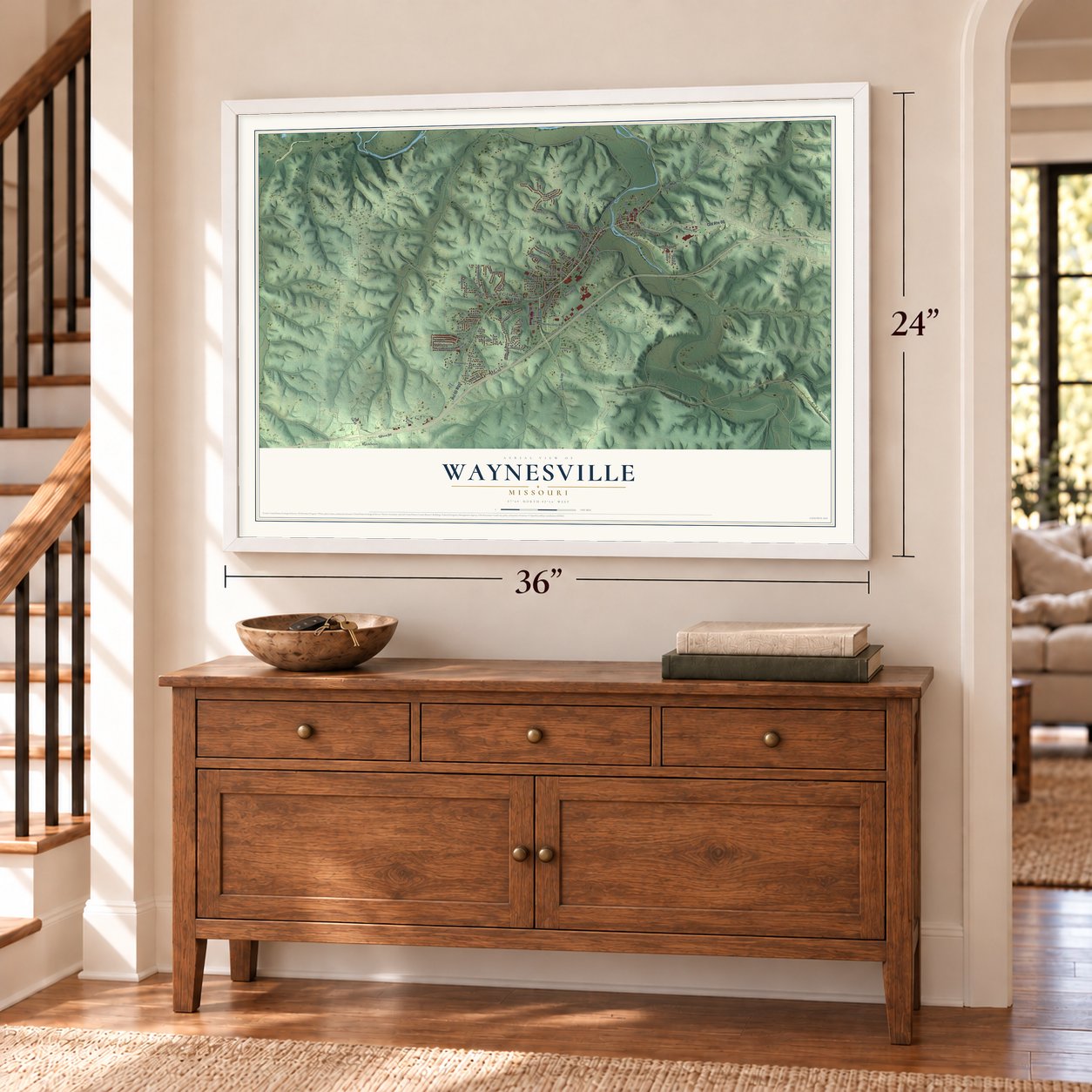 Waynesville, Missouri map, 24 x 36 inch print in a white frame above a dresser by a staircase