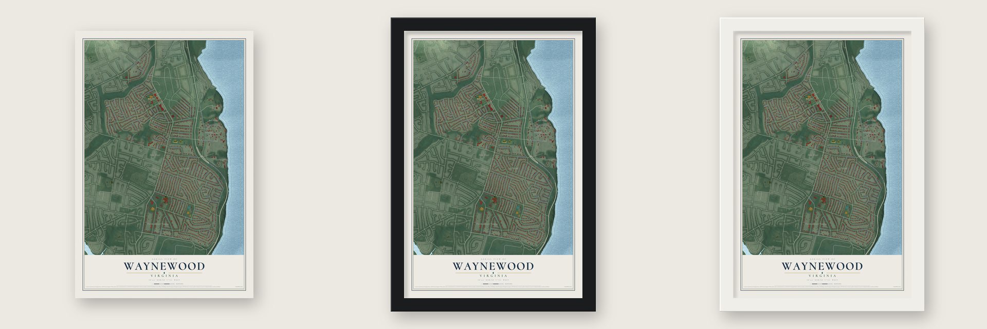 Waynewood, Virginia map unframed, in a black wood frame and in a white wood frame