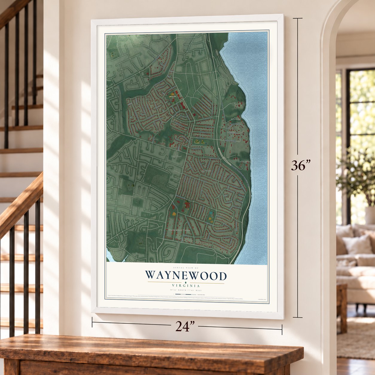 Waynewood, Virginia map, 24 x 36 inch print in a white frame by a staircase