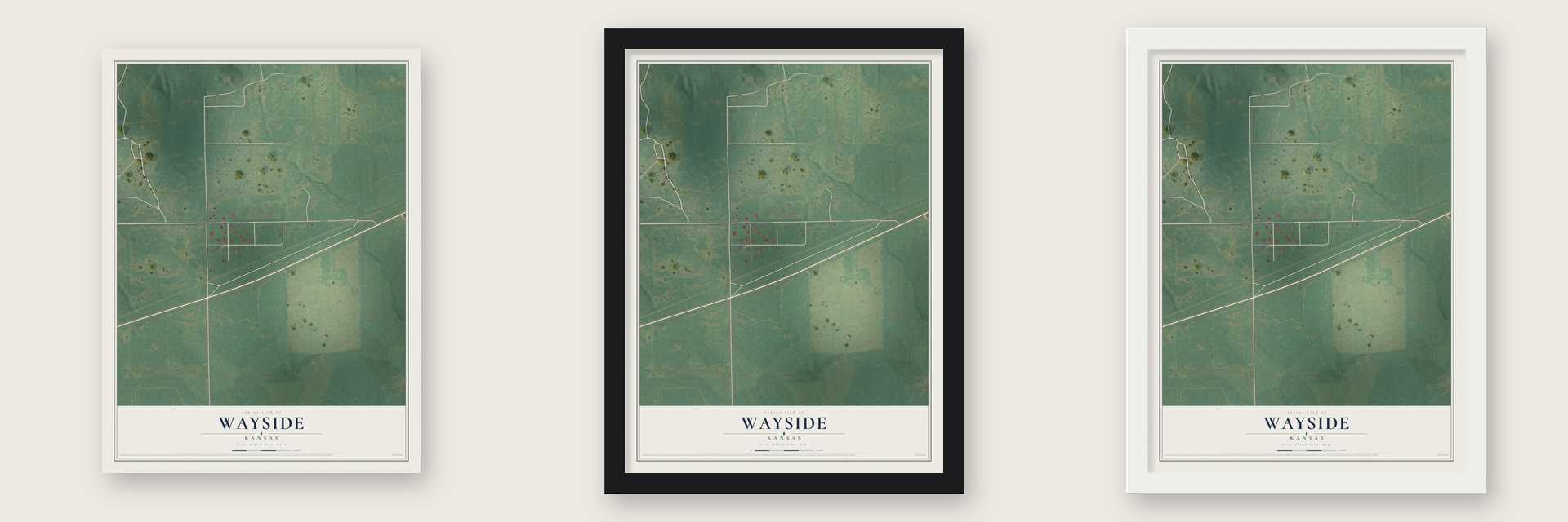Wayside, Kansas map unframed, in a black wood frame and in a white wood frame