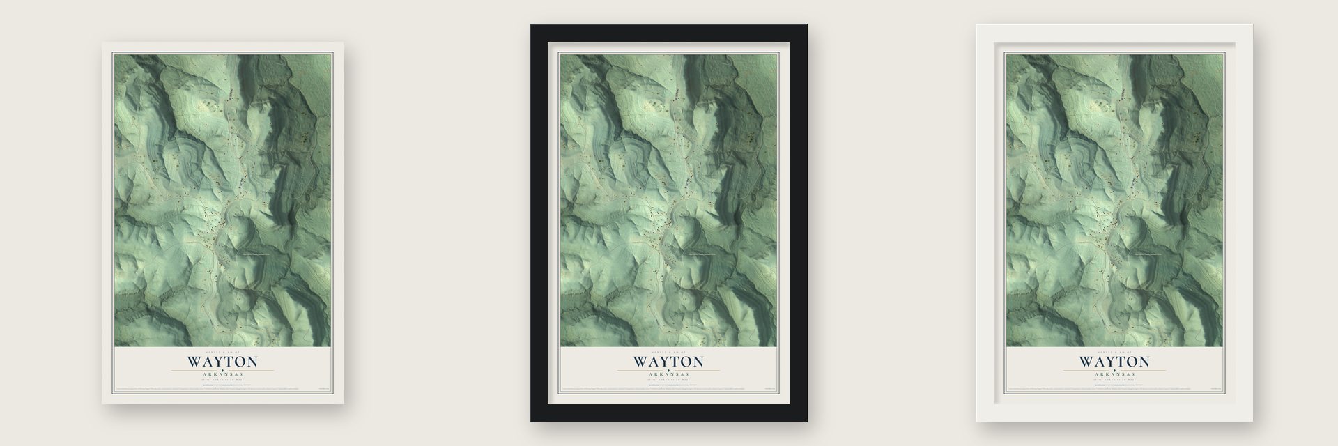 Wayton, Arkansas map unframed, in a black wood frame and in a white wood frame