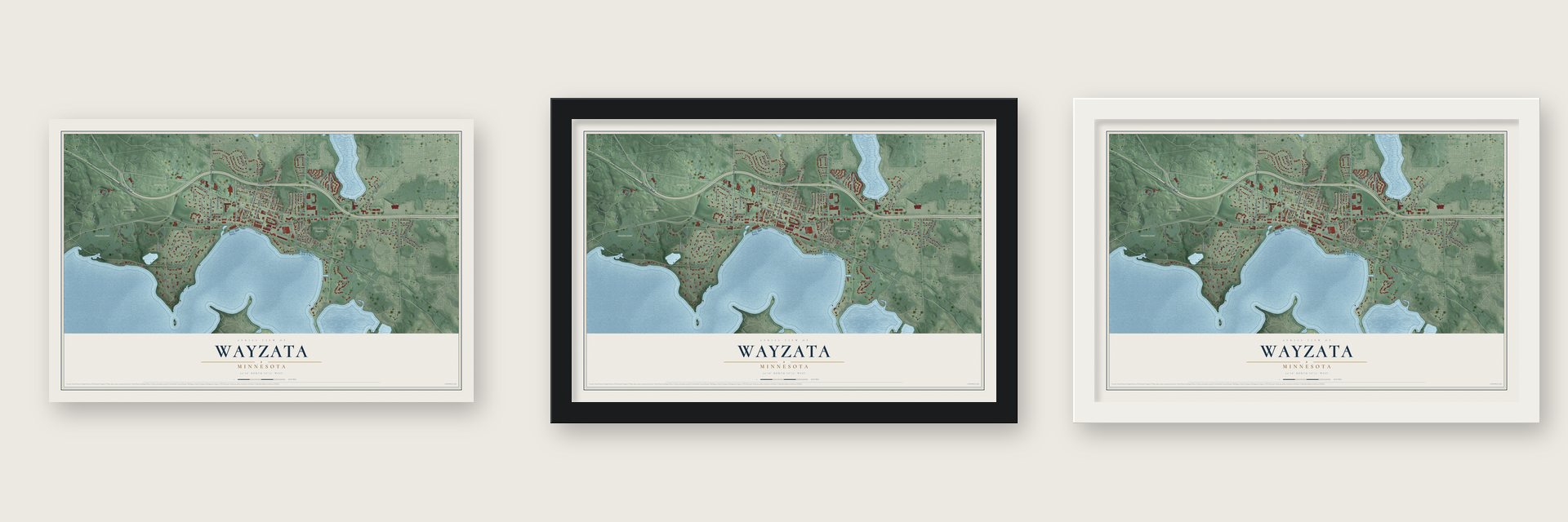 Wayzata, Minnesota map unframed, in a black wood frame and in a white wood frame