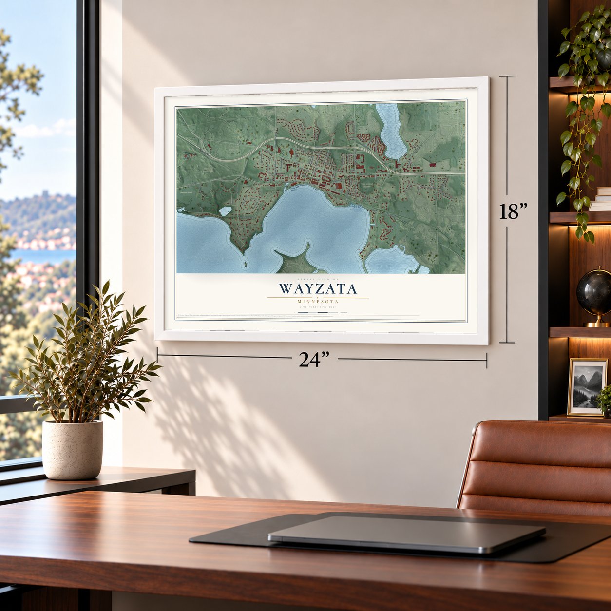 Wayzata, Minnesota map, 18 x 24 inch print in a white frame in a home office