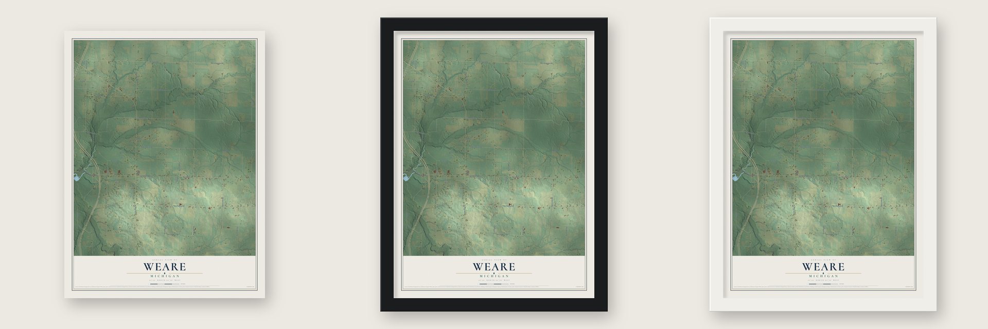 Weare, Michigan map unframed, in a black wood frame and in a white wood frame