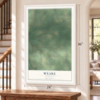 Weare, Michigan map, 24 x 36 inch print in a white frame by a staircase