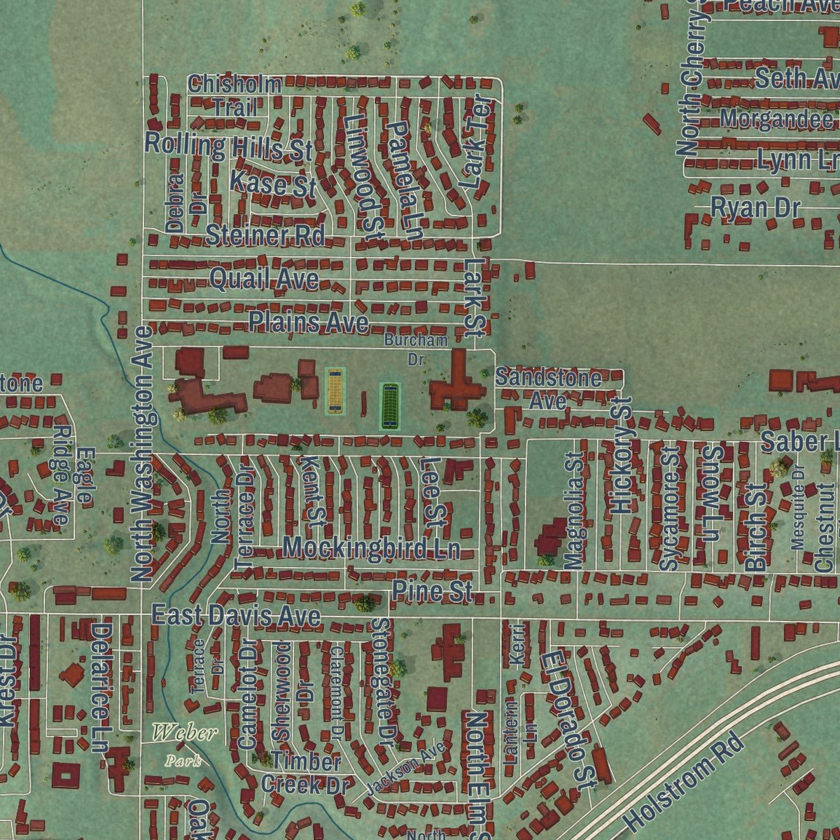 Second close-up of the map of Weatherford, Oklahoma print showing more streets and buildings