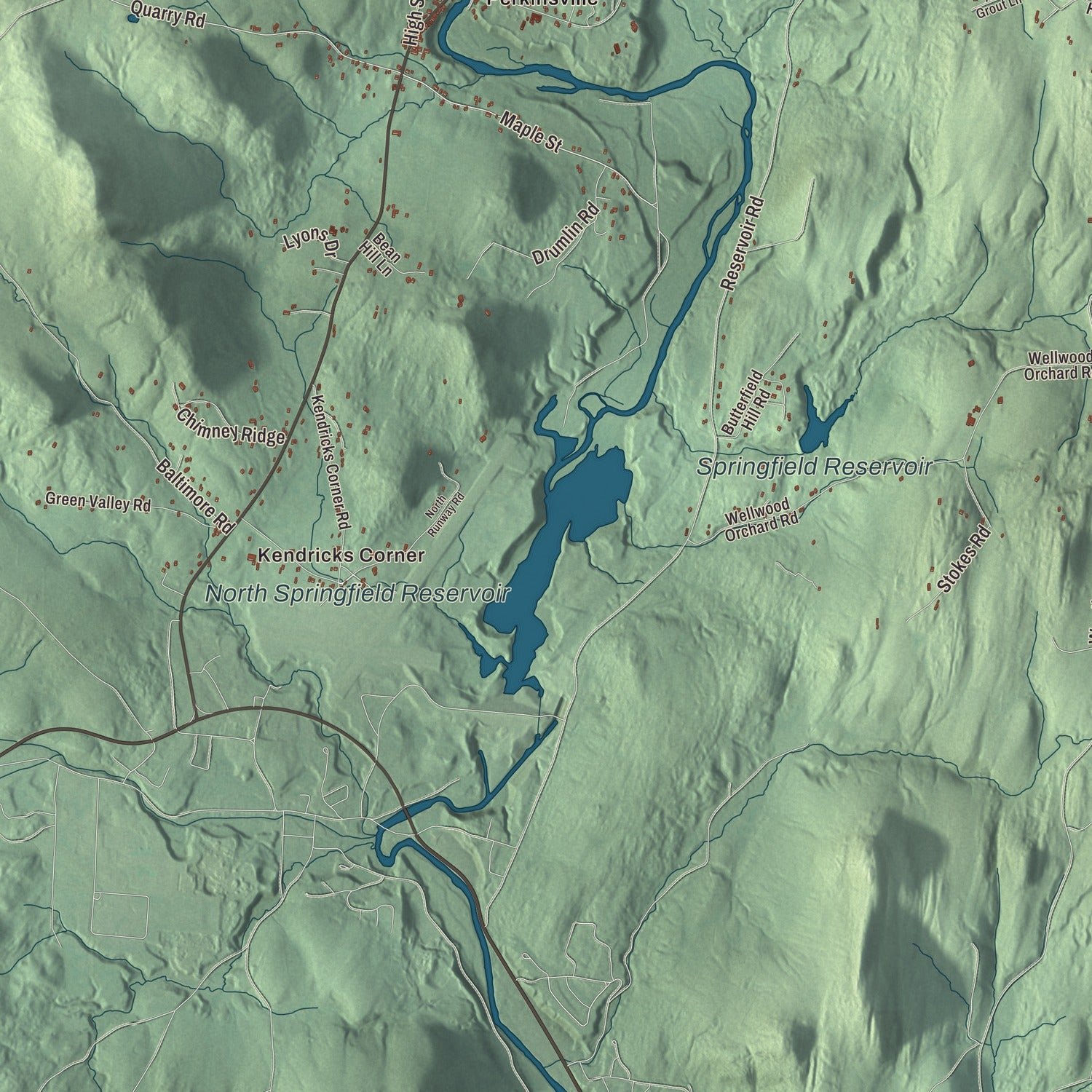 Close-up of the map of Weathersfield, Vermont print showing terrain and local geography