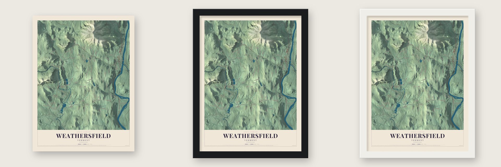Weathersfield, Vermont map unframed, in a black wood frame and in a white wood frame